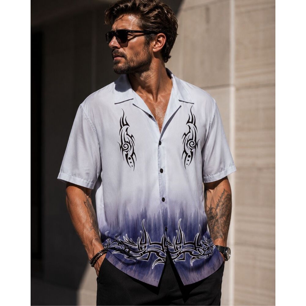Odo Tribal Print Buttoned Shirt Vintage Y2K Embroidered Gray Camp Collar XL
